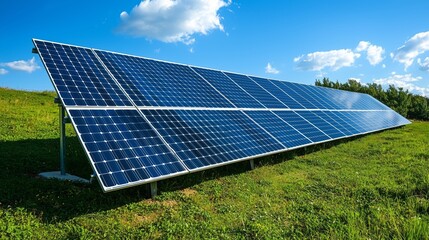 Rows of solar panels stand in a bright field under a clear blue sky, symbolizing the advancement of renewable energy and sustainability.