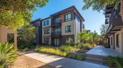 Obraz premium contemporary studio with sleek granite siding, in a vibrant arts district