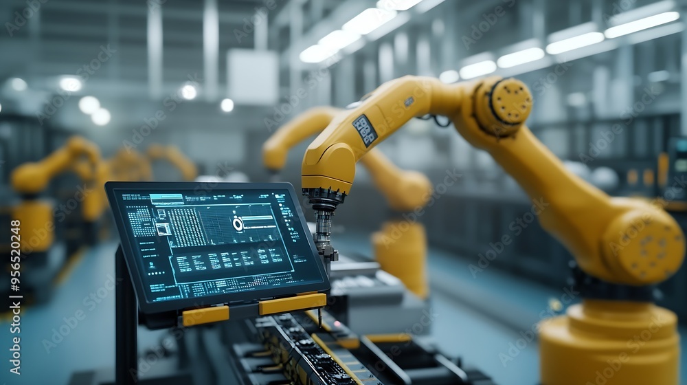Leinwandbilder computer and digital tablet for control of robots in a smart factory smart industry 40 concept : gen