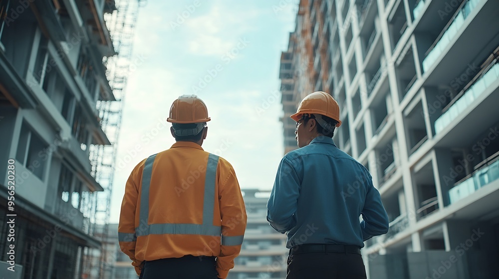 Fototapete Civil engineer with personal safety equipment checking and consult with construction site foreman technician for inspect building construct process during follow up process Engineering : Generative AI