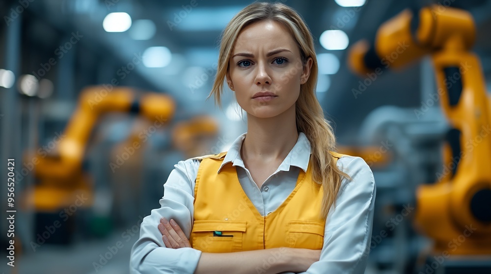 Leinwandbilder female project manager standing in modern industrial factory manufacturing facility with robotics ro
