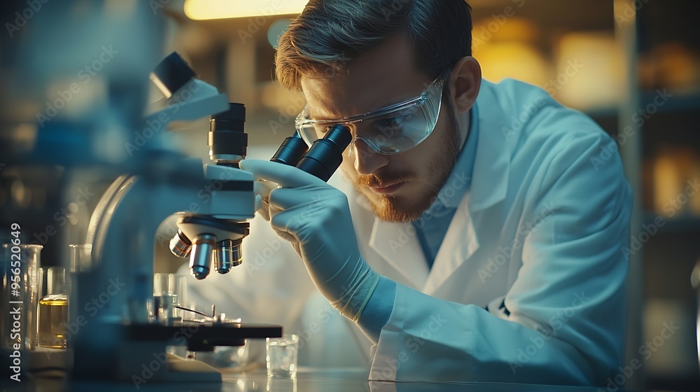 Fototapete Young scientist looking through a microscope in a modern laboratory Medical science looking at sample on the glass plate Research and development concept Work with high technology : Generative AI