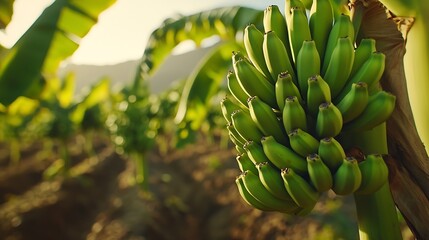 Green bananas growing on trees Green tropical banana fruits closeup on banana plantation Tenerife banana plantations in Tenerife Canary islands Spain Agriculture and banana production  : Generative AI