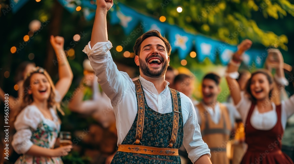 Wall mural Joyful Group Dancing in Bavarian Costumes at Oktoberfest Festival