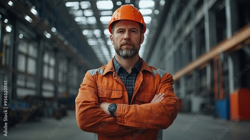 Fototapete Man builder Architect of industrial buildings Construction engineer stands in empty hangar Architect uses internet on his phone Builder of industrial buildings Man engineer in work uni : Generative AI