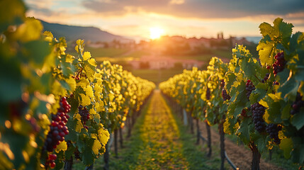 Naklejka premium Vineyard plantation in close up at sunrise