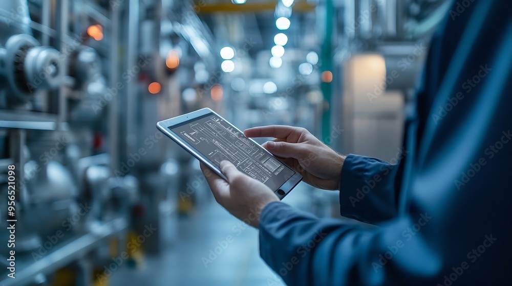 Fototapete Smart industry control conceptHands holding tablet on blurred automation machine as background : Generative AI