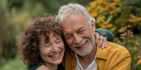 A joyful elderly couple with the woman embracing the man, both laughing happily in an outdoor garden setting, surrounded by green foliage and autumn colors.