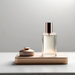 mockup of a simple white perfume bottle on a white background, elegantly placed on a platform