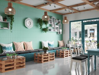 Interior of modern restaurant with colored walls, white marble floor, circular tables, bar counter and sofa in the background. Vertical mock up poster. 3D Illustrations. 3D Rendering