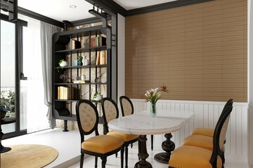 Modern minimal style of living and dining area with sofa set, grey and brown marble wall decorate and white floor tile. 3D Rendering