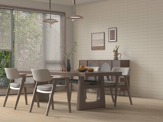 Gray panoramic dining room and kitchen corner with a concrete floor and a long white wooden table with chairs near it. Modern ceiling lamps. Mockup. 3D Illustrations. 3D Rendering