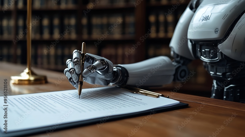 Poster Future innovative concept of efficient and fair justice system with closeup robotic hand signing legal document as artificial intelligence in transparent judicial proceedings by AI jud : Generative AI
