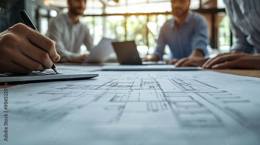 Fototapete hands business people and blueprint for architect design idea and floor plan in meeting office docum