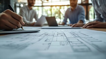Hands business people and blueprint for architect design idea and floor plan in meeting Office document and laptop with collaboration teamwork and paper for engineering and writing for : Generative AI