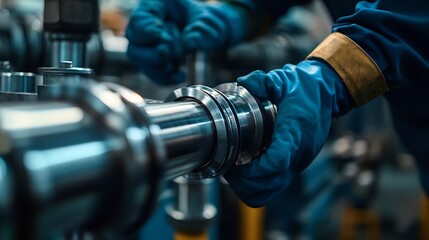 Steel fittings for hydraulic hoses Industrial worker in warehouse in manufacturing factory banner : Generative AI