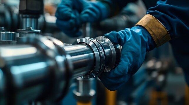 Steel fittings for hydraulic hoses Industrial worker in warehouse in manufacturing factory banner : Generative AI
