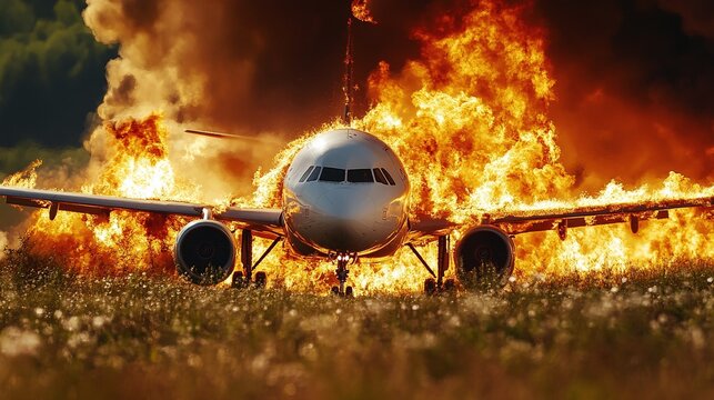 An airplane crashes amidst a field and ignites in flames during a dramatic emergency landing