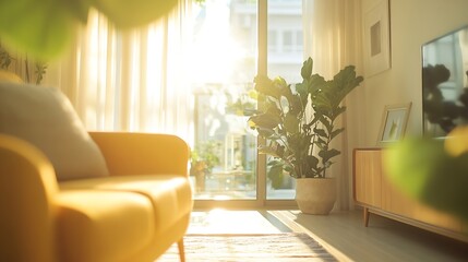 Fototapeta premium Blur living room at home with morning sunlight at big window for background usage blur interior background concept white britht tone : Generative AI