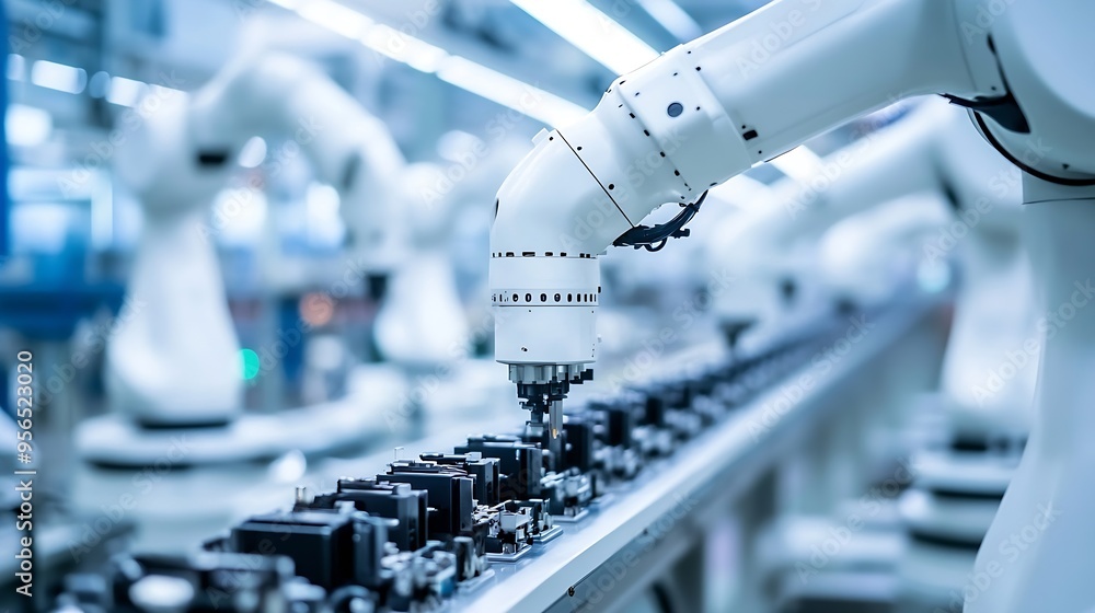 Aufkleber row of white robotic arms at automated production line at bright modern factory industrial robot arm