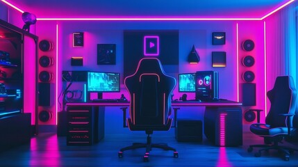 Interior of gaming room with modern computer and neon lighting. Playing cyber games and online entertainment concept.