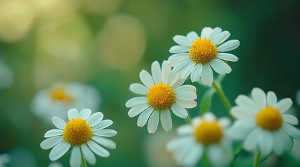 Fototapeta premium Tanacetum parthenium feverfew white yellow flowering plant Traditional medicinal daisy herb in summer garden : Generative AI