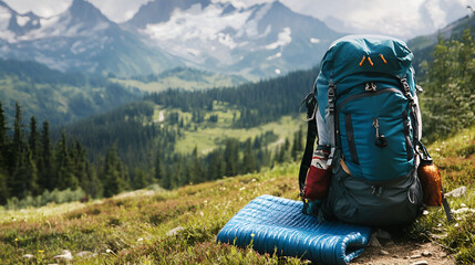 Hiking backpack with mat during trek in mountains. Camping and trekking equipment