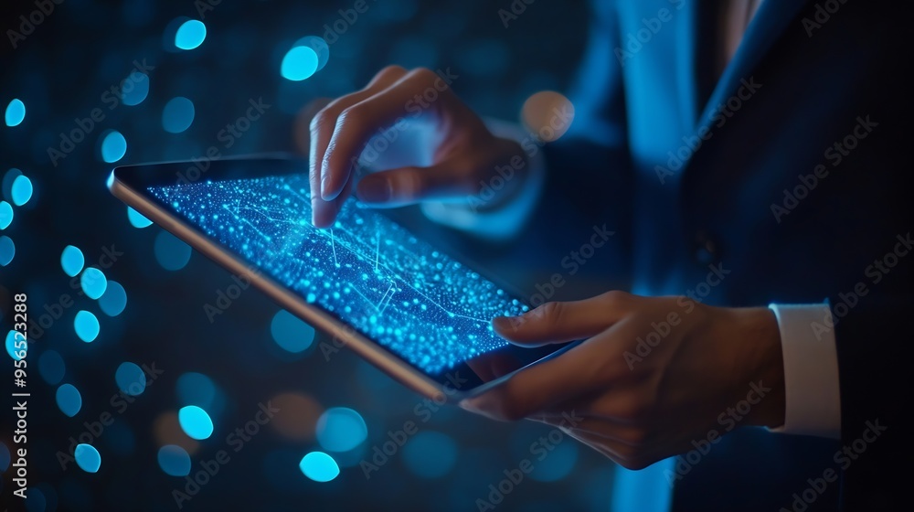 Poster Hands of businessman using tablet computer with smart industry control over dark blue background Concept of internet of things and hi tech : Generative AI