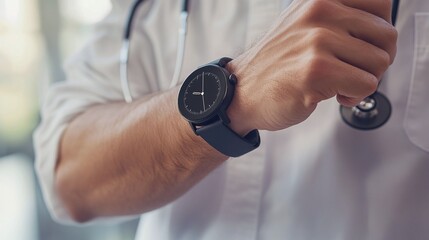 Person Wearing Smart Watch With Stethoscope, Enhancing patient care through the integration of wearable devices and real-time health monitoring systems
