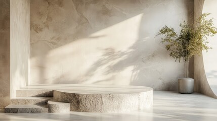 Minimalist Interior with Natural Light and Stone Platform in Modern Living Space
