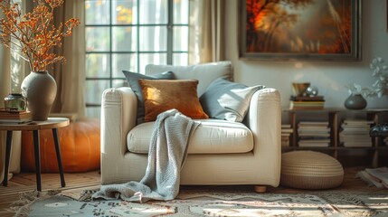 A living room interior with a large, white sofa, adorned with cozy pillows and a blanket.