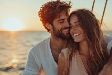 Obraz premium A Romantic Sunset Cruise: A Couple's Intimate Moment Captured in Golden Light and Laughter on the Water's Edge