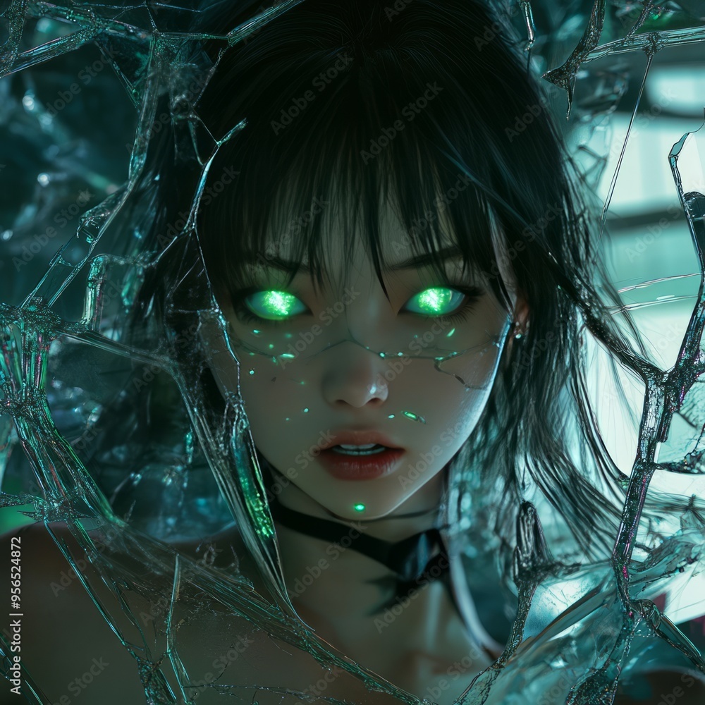 Canvas Prints A woman with glowing green eyes looks through a shattered window.