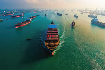 A Single Cargo Ship Dominates the Busy Harbor, Navigating Through a Sea of Vessels in a Stunning Aerial View.