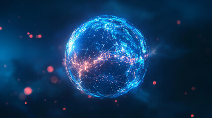 Fototapeta premium Digital 3D tech logo in the shape of a planet, representing global networking. 