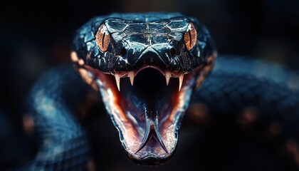 Fototapeta premium Intense Close-Up of Screaming Black Snake Head with Detail