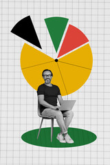 Vertical creative composite photo collage of clever man in glasses sit with laptop analyze...