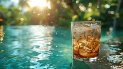 A refreshing glass of iced coffee sits on a poolside table.