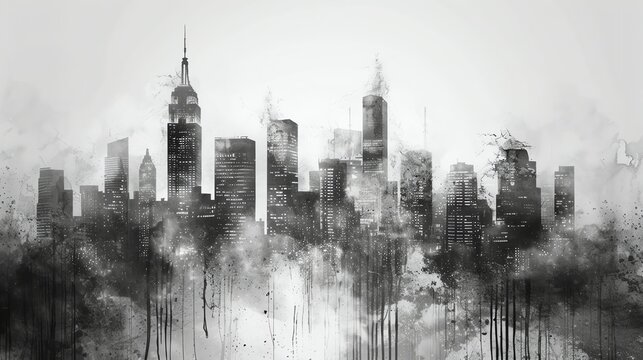 Fototapeta A city skyline with a black and white watercolor effect.