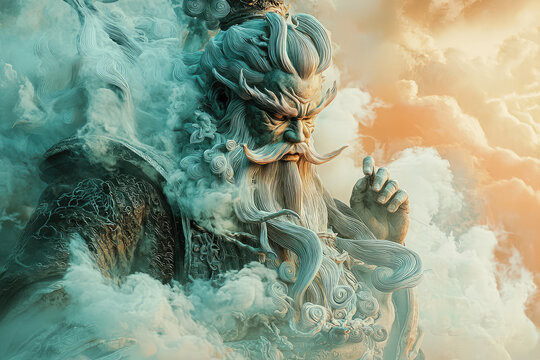 Fujin, the Wind God, commands the swirling clouds, his gaze focused and powerful. A testament to Japanese mythology and artistry.