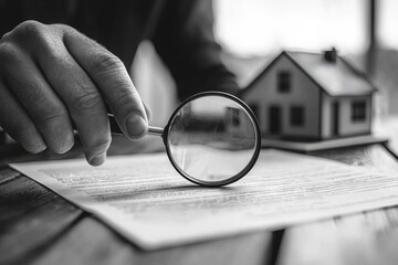 Real Estate Agent Examining Contract Magnifying Glass, Close-Up House Plans Model. Monochrome Palette