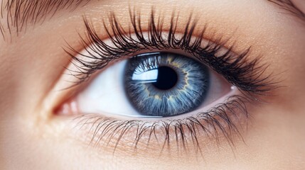 Obraz premium Female eyes with long eyelashes close up. Closeup of blue human eye. Macro of human eye. Human eyes close-up detail. Macro pupil retina human colse eye, eyeball.