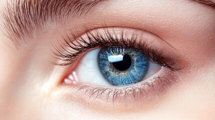 Obraz premium Female eyes with long eyelashes close up. Closeup of blue human eye. Macro of human eye. Human eyes close-up detail. Macro pupil retina human colse eye, eyeball.