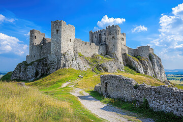 A Majestic Stone Castle Perched High on a Hilltop, Basking in the Warm Glow of a Sunny Day, Offers Breathtaking Views of the Rolling Landscape Below.