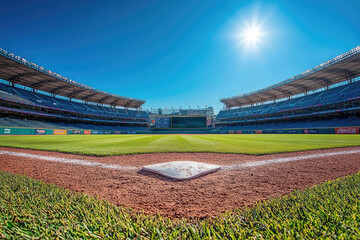 Obraz premium A View From Home Plate: A Baseball Stadium Bathed in Sunlight