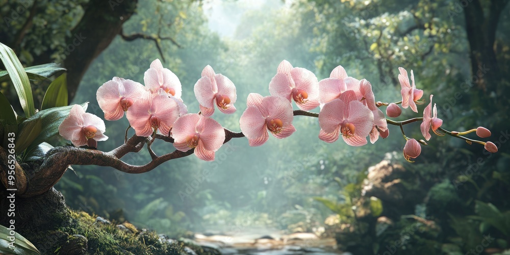 Poster 3d rendering of a blooming branch with light pink orchids amidst a forest backdrop