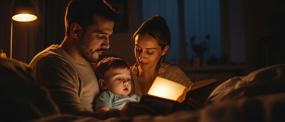 Fototapeta premium A family of three, a man, a woman and a baby, are reading a book together