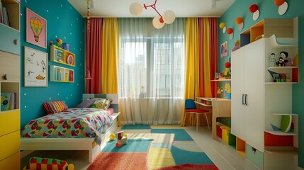 A lively children's bedroom designed with bright walls, colorful curtains, and a comfortable bed. The space is filled with creativity, with artwork on the walls, a small desk for play, 