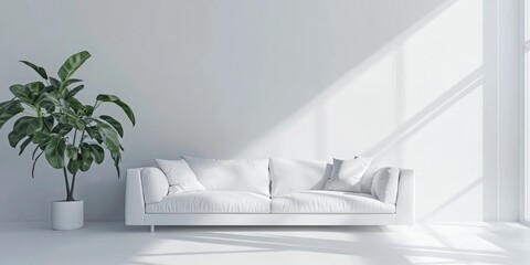 3D rendering of a white minimalist room featuring a sofa in Scandinavian interior design style