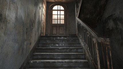 3D rendering of eerie aged stairs featuring an old window and unusual doors